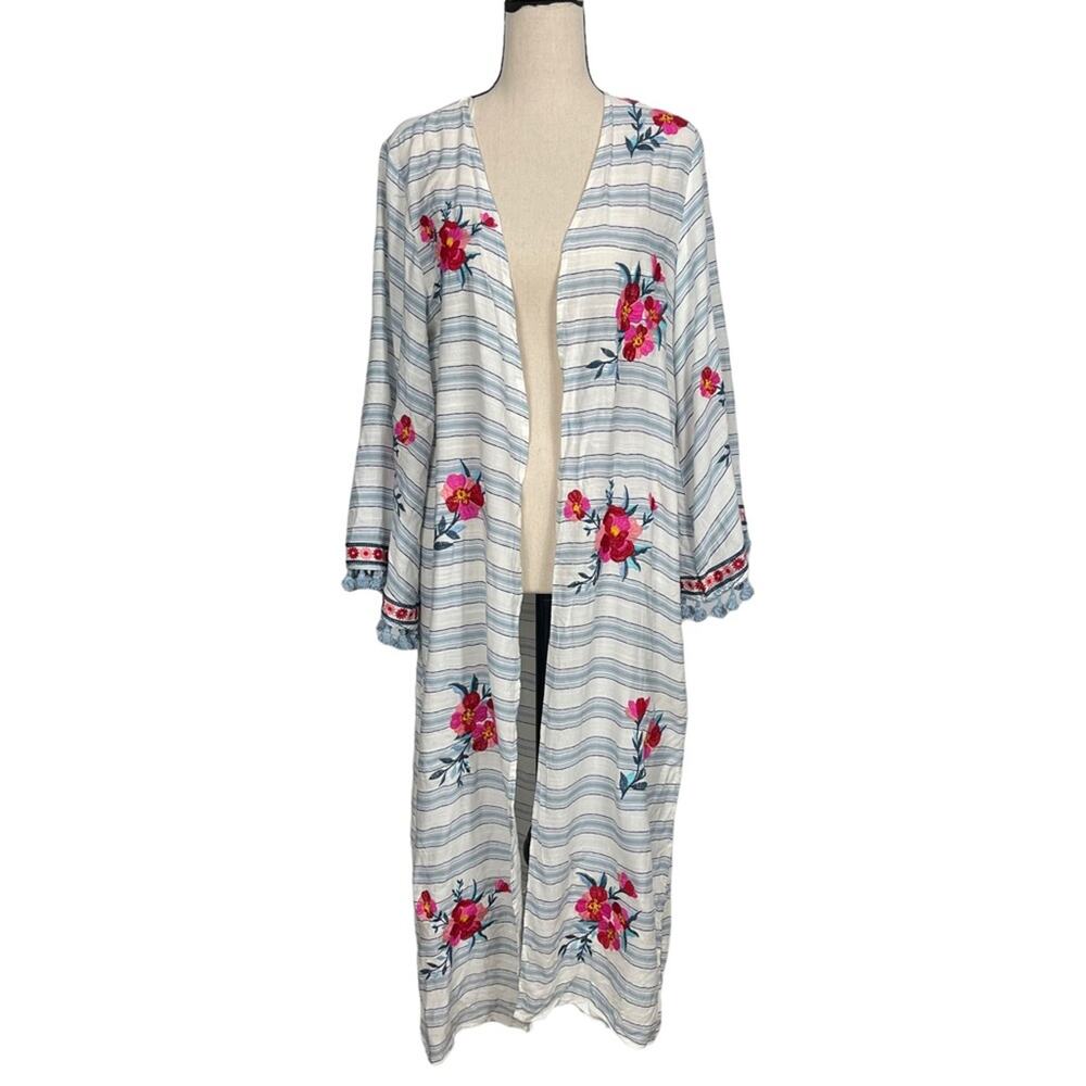 Altar'd State Kimono Striped Embroidered Floral Longline Size Medium